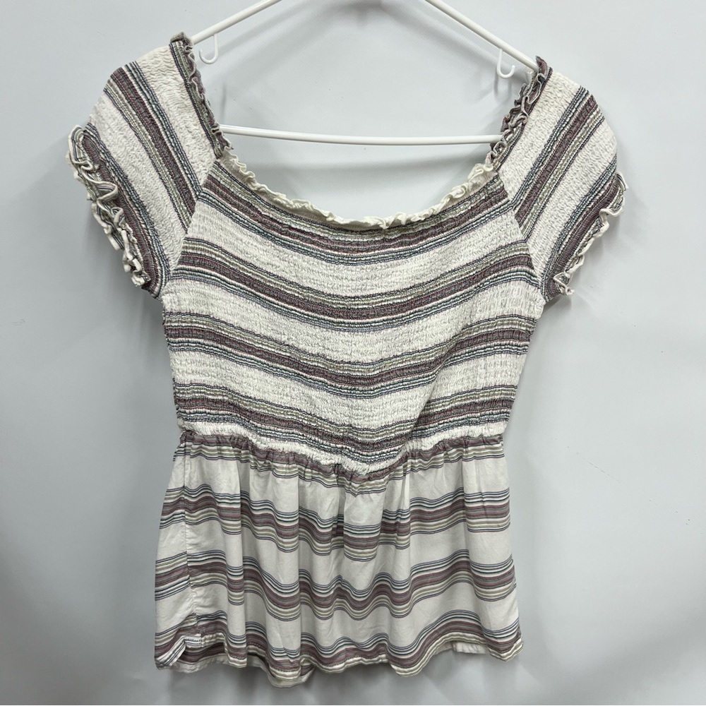 Harper M Heritage Off The Shoulder Smocked Ruffled Striped Peasant Blouse Top